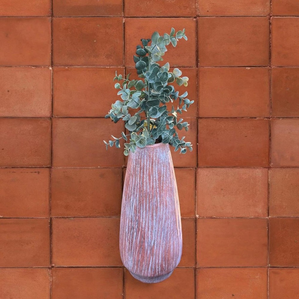 Textured Striped Boho Gardencore Terracotta Vase with Faux Eucalyptus